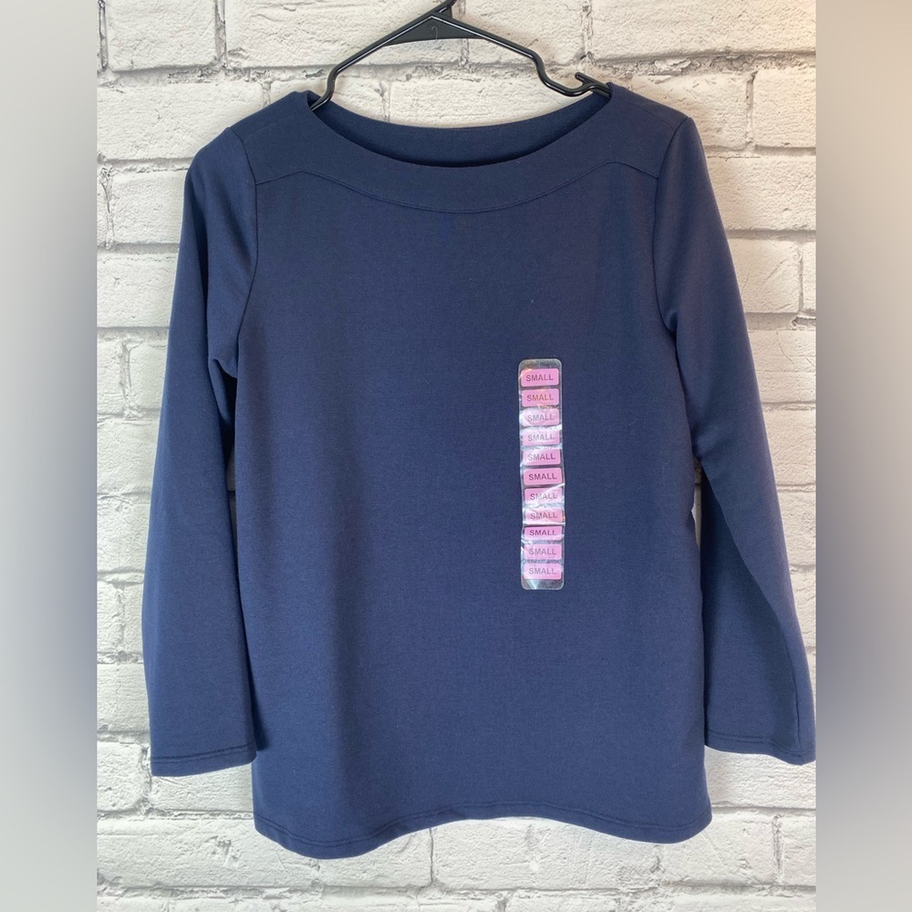 Rafaella Women Navy Blue 3/4 Long Sleeve Boat Neck Long Sleeved Shirt Size Small